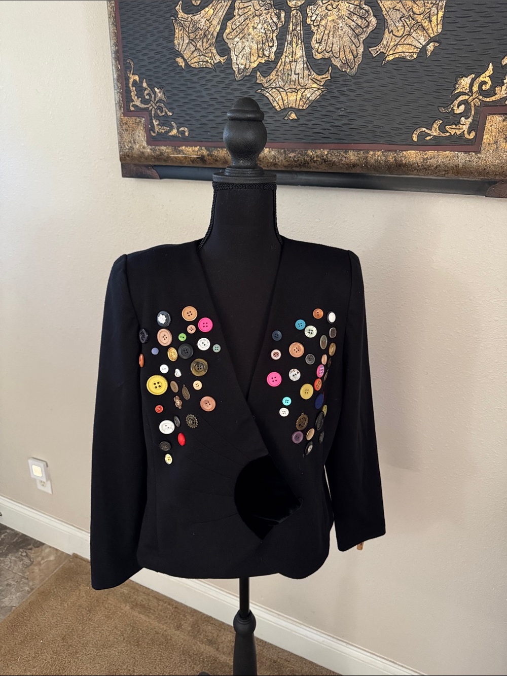 Leslie Fay Black Blazer with Multicolor Button Accents